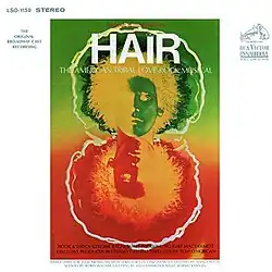Psychedelic green and yellow colorized photo-negative of a man's face with a bushy "afro", reflected below in red and yellow.
