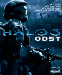 A futuristic soldier holding a firearm looks to his right as it rains; a defense wall can be seen in the distance. In the center of the scene a stylized title reads, "HALO 3", and the word "ODST" lies below, written in a sans-serif font.