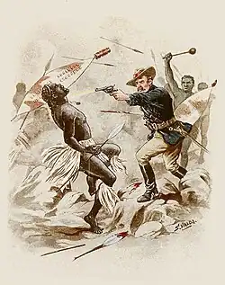 Hamilton-Brown in the midst of a number of armed Zulu, he holds a bloodied sword and is firing a revolver.