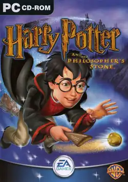 A PC video game cover titled "Harry Potter and the Philosopher's Stone" that depicts a black-haired bespectacled boy riding a broomstick and reaching for a small winged golden sphere.