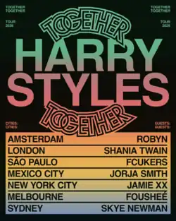 A vertical image with a black background with a gradient effect applied to the text, displayed Harry Styles' name, tour name, locations, year, and supporting acts.