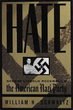 Brown cover with a swastika in the background and a black and white photo of Rockwell in the center