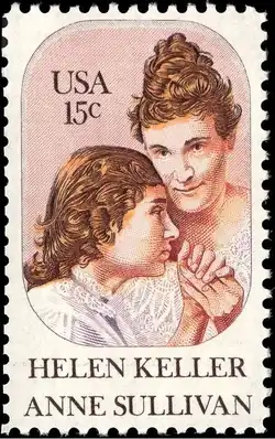 Helen Keller (left) and Anne Sullivan on a U.S.commemorative postage stamp, 1980 issue.