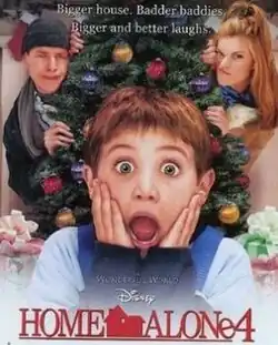 A scared child screams while two adults in the background are shown behind a Christmas tree