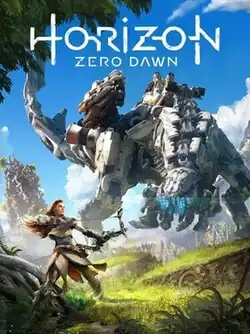 A red headed girl holding a bow and arrow under a tree with a large mechanical dinosaur standing in the background