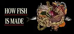 Promotional art with the capitalised text "How Fish Is Made" on the left side and art of a sardine split in two by a mass of organs on the right