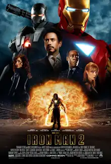 Tony Stark is pictured center beside Natasha Romanoff, James Rhodes, and Pepper Potts. The red and gold Iron Man suit and the silver War Machine suit are behind him, and Ivan Vanko with his energy whip weapons is below him against an explosion.