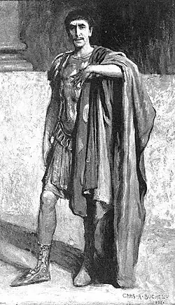 drawing of white middle-aged man with thin moustache, wearing Ancient Roman military costume, including breastplate, gesturing with hand splayed over his chest