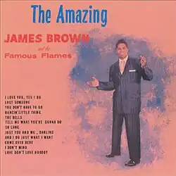 A painterly James Brown posing in front of a bright palm background with The Amazing James Brown and the Famous Flames seen above him and the song titles to the left.
