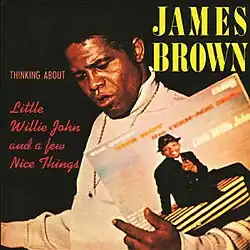 James Brown to the right of the album title in cursive red text holding a vinyl record of "The Sweet, The Hot, The Teen-Age Beat" by Little Willie John .