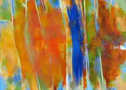 Abstract painting consisting of vertical bands of deep orange and blue, with white lines that look like slashes