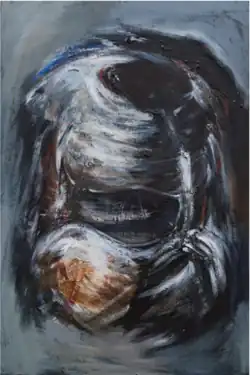 A humanoid torso in dark colours with strong brushstrokes: it is headless, and holds what may be its head in its hands