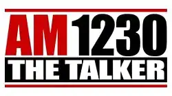 Red, black, and white text reading "AM 1230 THE TALKER"