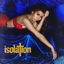 Kali Uchis is lying above blue silk sheets that cover most of the background. She is wearing a red bra and skirt along with golden jewelry, and the word "isolation" is placed in the lower left corner of the picture.