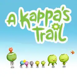 The game's logo, colored green with a white outline, is placed on top of a blue background that fades into white at the bottom. Below the logo, kappas of various sizes and colors can be seen, as well as other creatures.