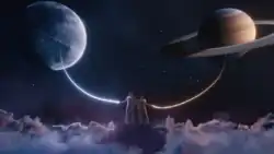 Taylor Swift and Ice Spice wearing bodysuits and standing in an outer space, lassoing the Moon and Saturn