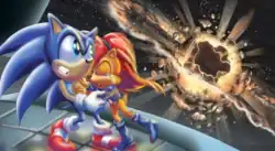 A piece of concept art for Penders's Sonic Armageddon pitch. To the left the characters of Sonic the Hedgehog and Sally Acorn are depicted crying in each other's arms, with Sally having visible tears. The planet Mobius exploding in the background.