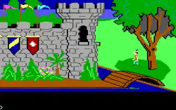 Pixelated game screen showing a character near a castle