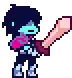 Kris with blue skin, armored and holding a large sword