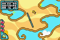 This screenshot shows the Helirin flying through a wavy maze towards a key that unlocks an alternate path. The game's interface displays the player's time, the record time, and Kururin with all three of his hearts remaining.