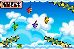 This screenshot features four versions of Kururin with different colors in a side-scrolling stage flying through clouds and avoiding spiked obstacles. The game's interface displays the player's time, with icons of the four Kururins between the start and goal of the stage.