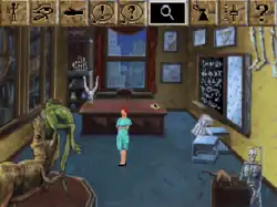 Laura Bow in Dr. Myklos's office with bookshelves, skeleton, chalkboard, and game interface visible