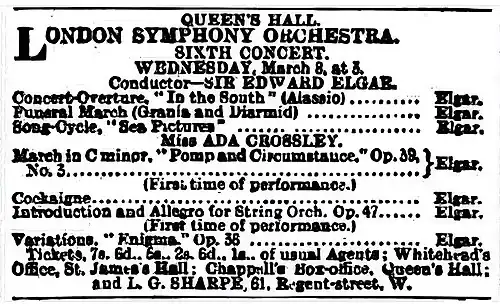 Advertisement detailing the seven works by Elgar to be played at the concert