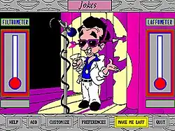 Pixel-art screenshot of Larry Laffer doing standup, with Filthometer and Laffometer slider controls on either side of him