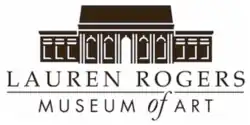 Brown outline of mansion with text reading "Lauren Rogers Museum of Art"