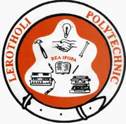Complex orange coat of arms with a belt, typewriter, writing journal, tape recorder with microphone, shaking hands, light bulb, wrench and hammer