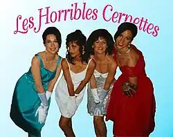 This picture of Les Horribles Cernettes was the first photographic image of a band published on the World Wide Web in 1992. From left to right: Angela Higney, Michele de Gennaro, Colette Marx-Neilsen, Lynn Veronneau.