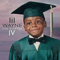 Lil Wayne as a child graduating with a blue outfit, and the background taking place during a sunset with the clouds in the sky. The artwork for the album is handled for Young Money Recordings.