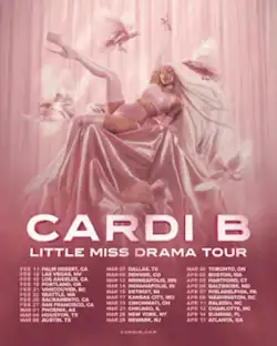 Cardi B in a pink outfit with her right arm and leg raised, surrounded by pink birds