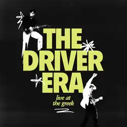 Black background with a greenish yellow band logo centerfold, the album title written on the lower part. The band members appear in black and white, playing guitars on alternate corners.