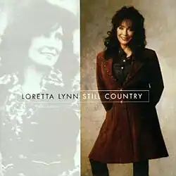 faded photo of Loretta Lynn on left half, photo of Loretta Lynn in brown dress on right half
