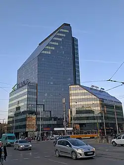 View of the intersection, with Telus Tower in the background