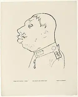 Caricature drawing of a man in military uniform with exaggerated facial features, labeled with the text "HONNI SOIT QUI MAL Y PENSE," "DEN MACHT UNS KEINER NACH," and "MADE IN GERMANY"