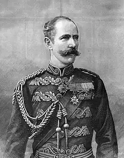 A black and white engraving of a male in military uniform