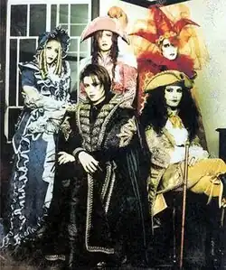 Malice Mizer in 1998. Clockwise from top-left: Mana, Kami, Közi, Yu~ki, Gackt