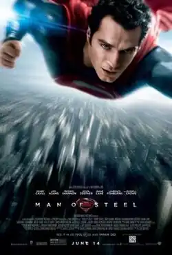 Superman, bearing his traditional red and blue costume, is shown flying towards the viewer, with the city of Metropolis below. The film's title, production credits, rating, and release date are written underneath.