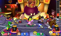 Yoshi, Princess Peach, Toadette, Donkey Kong, and four Toads (colored yellow, blue, red, and green) battling King Bob-omb, one of the game's bosses