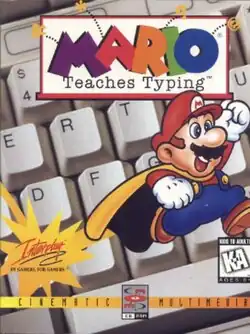 Front artwork of a vertical rectangular box. The words "Mario Teaches Typing" are superimposed over a clipart-style image of a whiteboard in the top third of the cover art. A mustached man wearing a red cap, red shirt, blue overalls, and yellow cap leaps from the center of the cover to the right. The background is a closeup of the keys on a QWERTY keyboard.