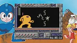 This screenshot shows Mega Man equipped with Elec Man's electricity powers fighting against the Yellow Devil. The game's interface displays the gameplay from Mega Man in the center, a border of artwork surrounding it, and a timer for the Challenge stage in the lower right corner.
