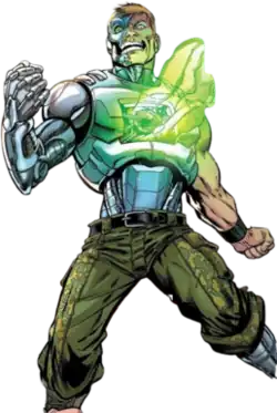 A robotic man with a green glow coming from his chest