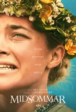 The film poster shows a segmented close-up of a distressed woman wearing a flower crown. The words "Let the festivities begin" are depicted in the middle. At the bottom, "Midsommar" is shown in big letters.