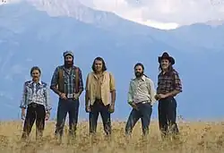 Mission Mountain Wood Band 1977, L-R: Christian Johnson, Terry Robinson, Rob Quist, Greg Reichenberg, Steve Riddle.