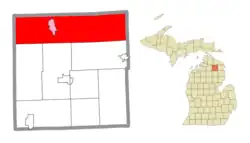 Location within Montmorency County (red) and the administered CDP of Canada Creek Ranch (pink)