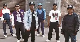 Complete N.W.A lineup in 1988 (left to right) Arabian Prince, DJ Yella, MC Ren, Dr. Dre, Ice Cube, Eazy-E