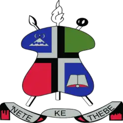 Complex green, red, blue and grey coat of arms