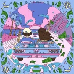 An image depicting two figures driving a blue convertible car on a coastal road at sunset, surrounded by a border pattern featuring money and celestial symbols.